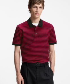 Hugo Cotton Piqué Polo Shirt with Horizontal Stripe Black Red