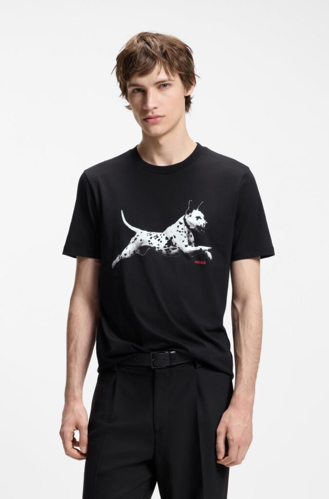 Hugo Cotton Jersey T-Shirt with Animal Artwork Black