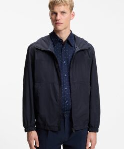 Boss Relaxed Fit Hooded Jacket in Water Repellent Fabric Dark Blue
