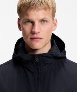 Boss Relaxed Fit Hooded Jacket in Water Repellent Fabric Dark Blue
