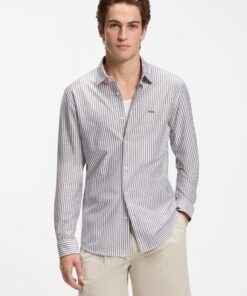 Boss Slim Fit Shirt in Melange Cotton Jersey Green Stripes