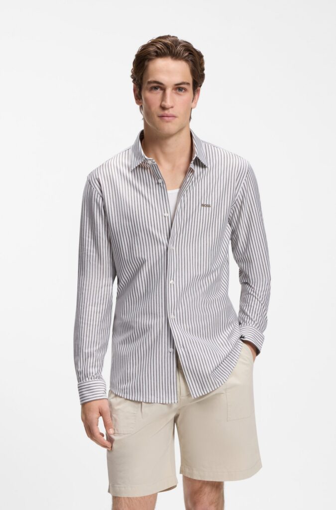 Boss Slim Fit Shirt in Melange Cotton Jersey Green Stripes