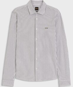 Boss Slim Fit Shirt in Melange Cotton Jersey Green Stripes