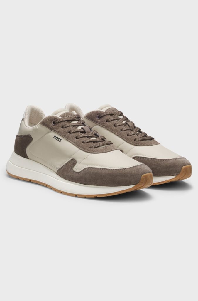 Boss Lace Up Trainers in Lightweight Fabric with Suede Trims Light Beige