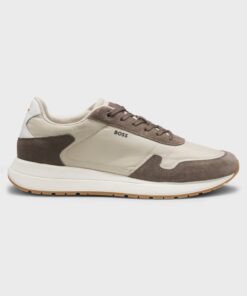 Boss Lace Up Trainers in Lightweight Fabric with Suede Trims Light Beige