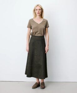 Grace & Mila Flared Maxi Suede Effect Skirt Kaki Ariana