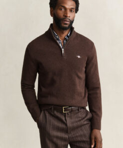 Gant Casual Cotton Half Zip Sweater Dark Brown Melange