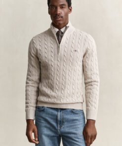 Gant Cotton Cable Knit Half Zip Sweater Clay Beige