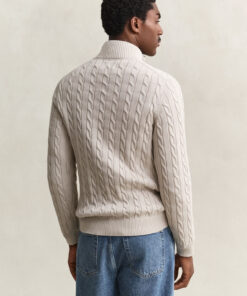 Gant Cotton Cable Knit Half Zip Sweater Clay Beige