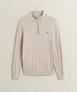 Gant Cotton Cable Knit Half Zip Sweater Clay Beige