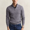 Gant Cotton Cable Knit Half Zip Sweater Mid Grey