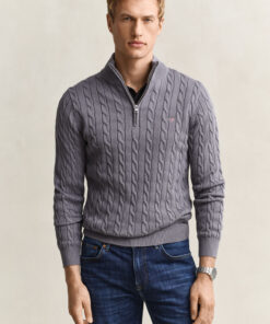 Gant Cotton Cable Knit Half Zip Sweater Mid Grey