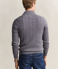 Gant Cotton Cable Knit Half Zip Sweater Mid Grey