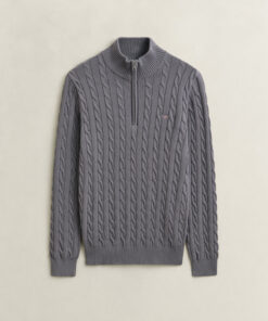 Gant Cotton Cable Knit Half Zip Sweater Mid Grey