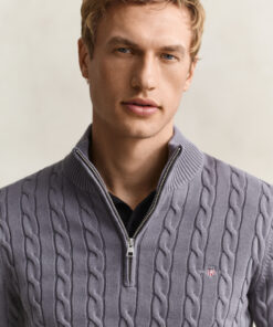 Gant Cotton Cable Knit Half Zip Sweater Mid Grey