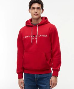 Tommy Hilfiger Logo Fleece Drawstring Hoody Medium Red