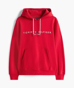 Tommy Hilfiger Logo Fleece Drawstring Hoody Medium Red