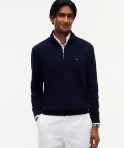 Tommy Hilfiger Mock Neck Quarter-Zip Jumper With Cashmere Navy Blue