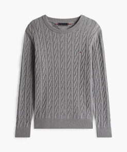Tommy Hilfiger Cable Knit Crew Neck Jumper Medium Grey Heather