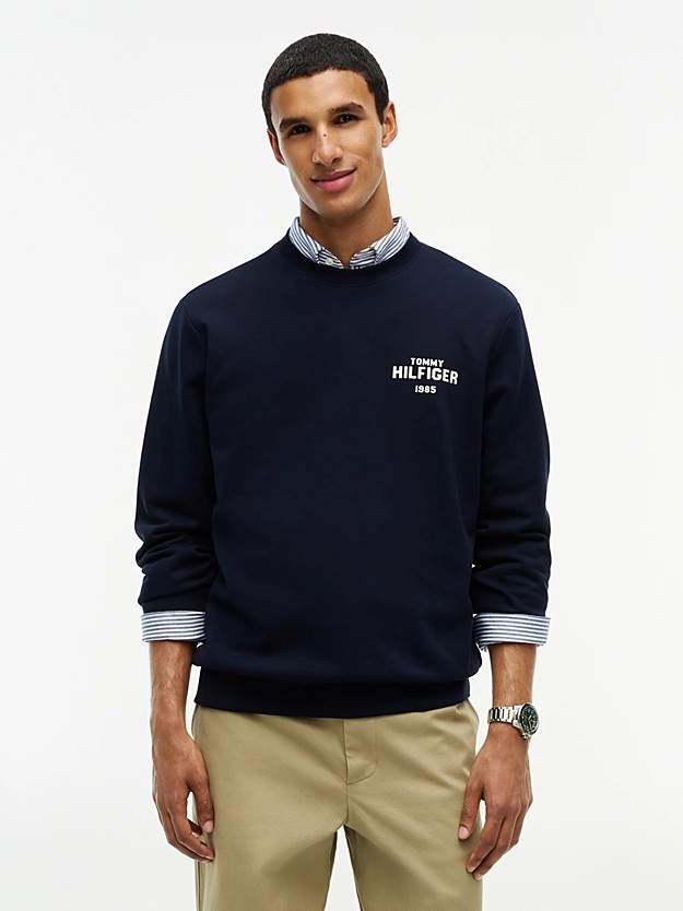 Tommy Hilfiger 1985 Logo Terry Crew Neck Sweatshirt Navy Blue