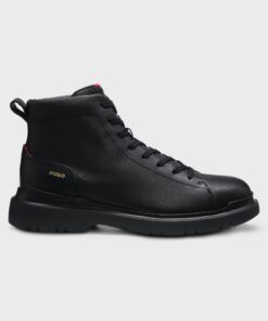 Hugo Grainy Leather Boots With Embossed Logo Black