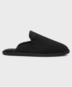 Boss Shearling Lined Slippers With Logo Detail Black