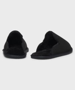 Boss Shearling Lined Slippers With Logo Detail Black