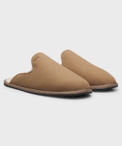 Boss Shearling Lined Slippers With Logo Detail Beige