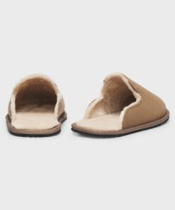 Boss Shearling Lined Slippers With Logo Detail Beige