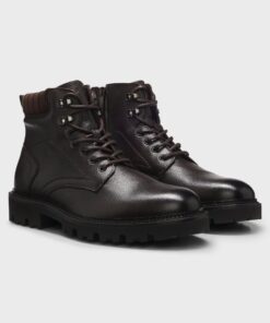 Boss Grained Leather Boots Dark Brown