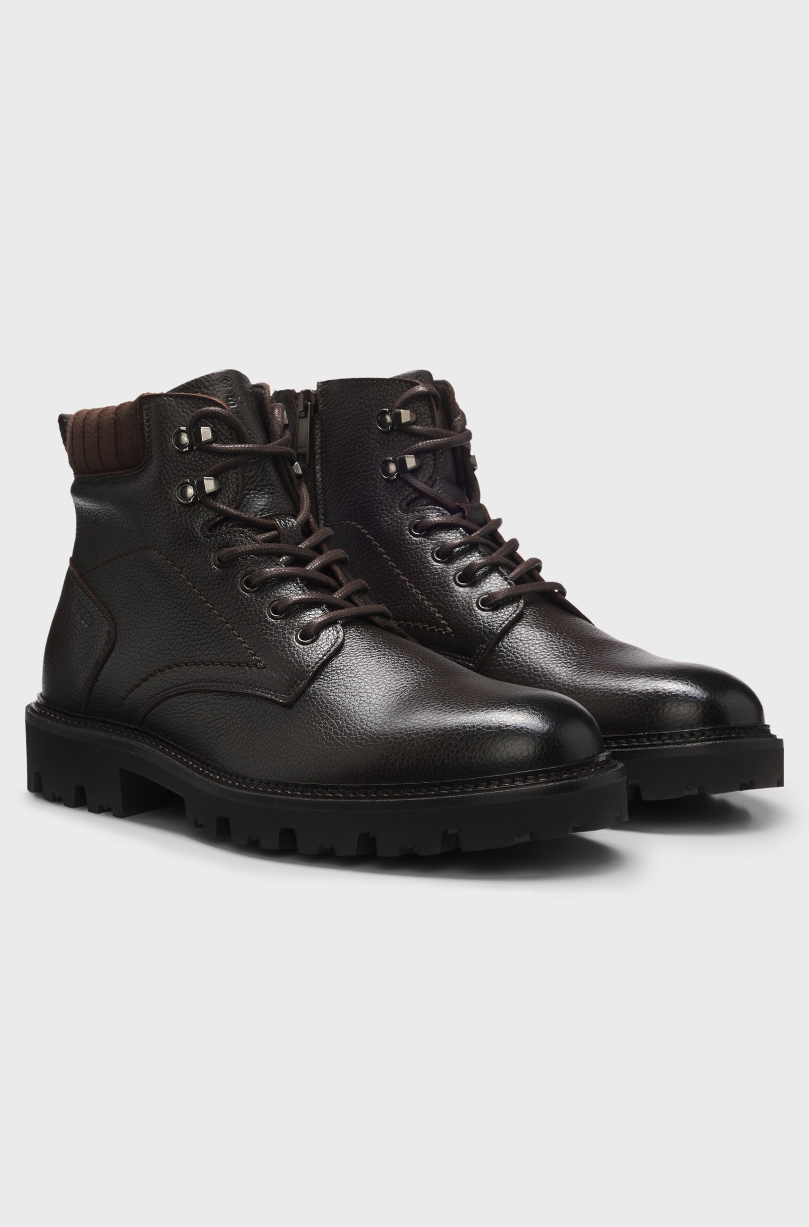 Boss Grained Leather Boots Dark Brown