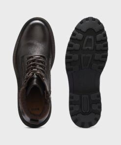 Boss Grained Leather Boots Dark Brown