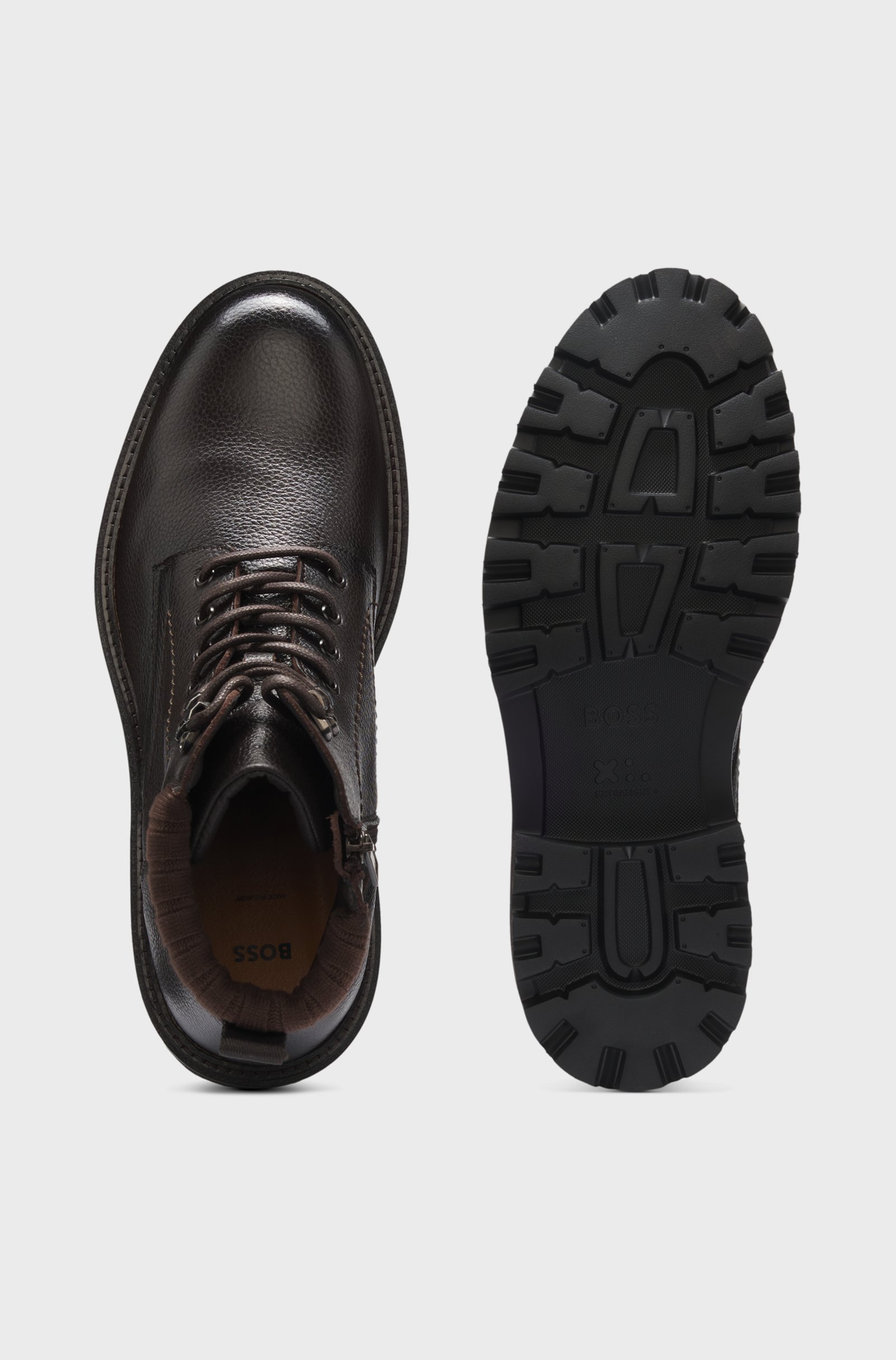 Boss Grained Leather Boots Dark Brown
