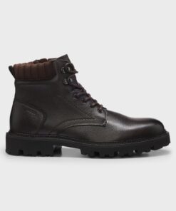 Boss Grained Leather Boots Dark Brown