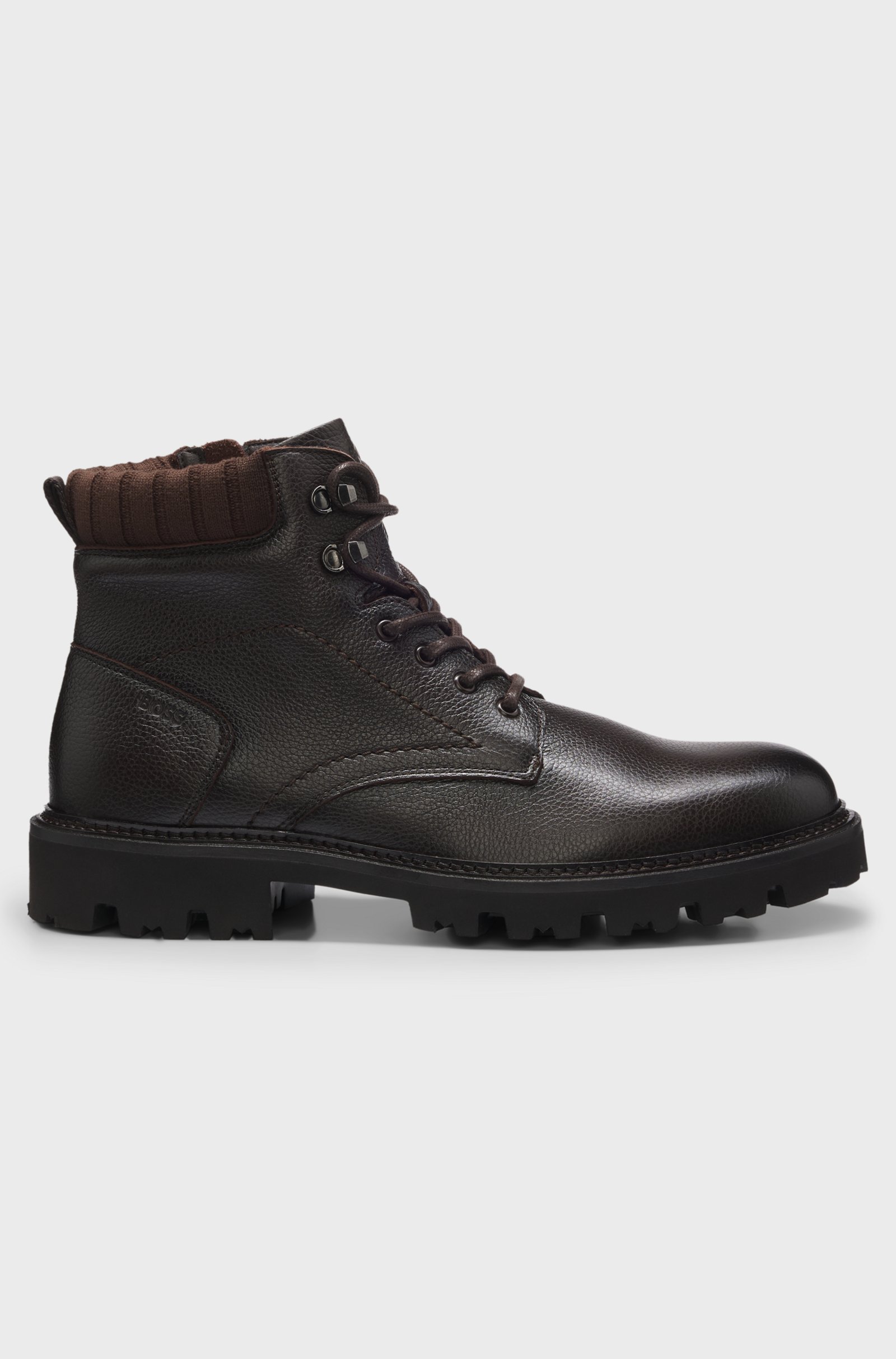 Boss Grained Leather Boots Dark Brown