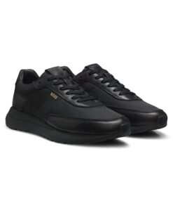 Boss Monogram Sneakers With Leather Trim And EVA Rubber Sole Black