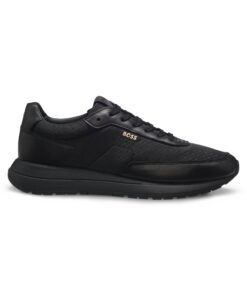 Boss Monogram Sneakers With Leather Trim And EVA Rubber Sole Black