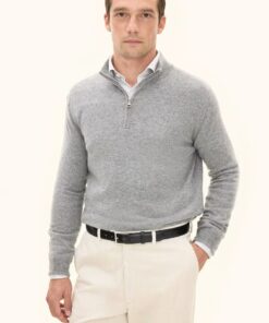 Oscar Jacobson Patton Regular Fit Half Zip Soft Wool Cashmere Sweater Light Grey
