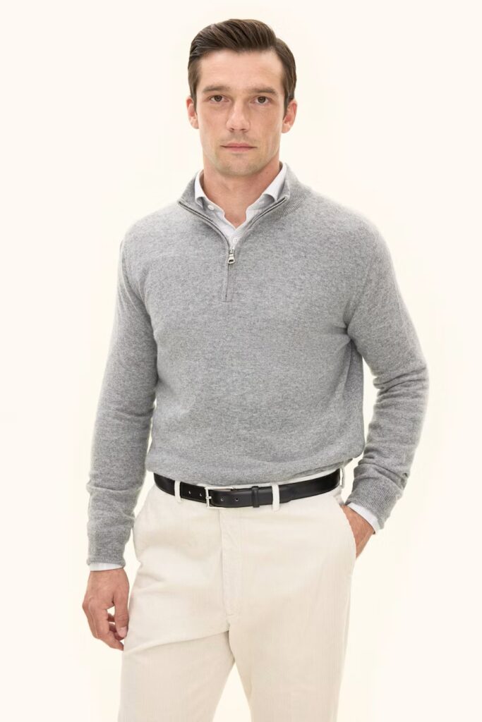 Oscar Jacobson Patton Regular Fit Half Zip Soft Wool Cashmere Sweater Light Grey