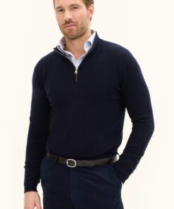 Oscar Jacobson Patton Regular Fit Half Zip Soft Wool Cashmere Sweater Dark Blue
