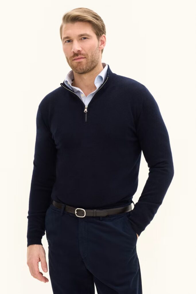 Oscar Jacobson Patton Regular Fit Half Zip Soft Wool Cashmere Sweater Dark Blue