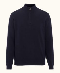 Oscar Jacobson Patton Regular Fit Half Zip Soft Wool Cashmere Sweater Dark Blue