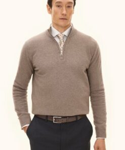 Oscar Jacobson Patton Regular Fit Half Zip Soft Wool Cashmere Sweater Beige