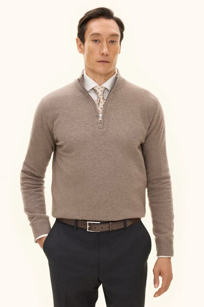 Oscar Jacobson Patton Regular Fit Half Zip Soft Wool Cashmere Sweater Beige