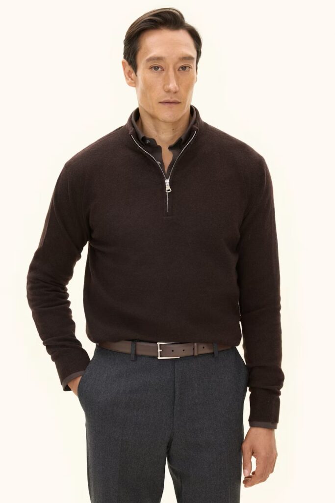 Oscar Jacobson Patton Regular Fit Half Zip Soft Wool Cashmere Sweater Brown
