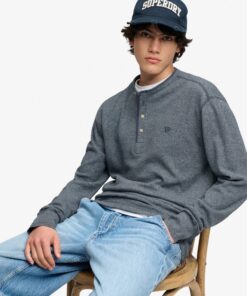 Superdry Mini Slub Waffle Long Sleeve Grandad Top Denim Blue Marl