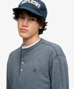 Superdry Mini Slub Waffle Long Sleeve Grandad Top Denim Blue Marl